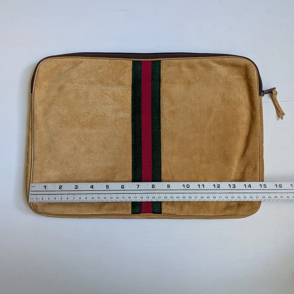 Tan Suede Laptop Document Bag Case with Stripe Detail